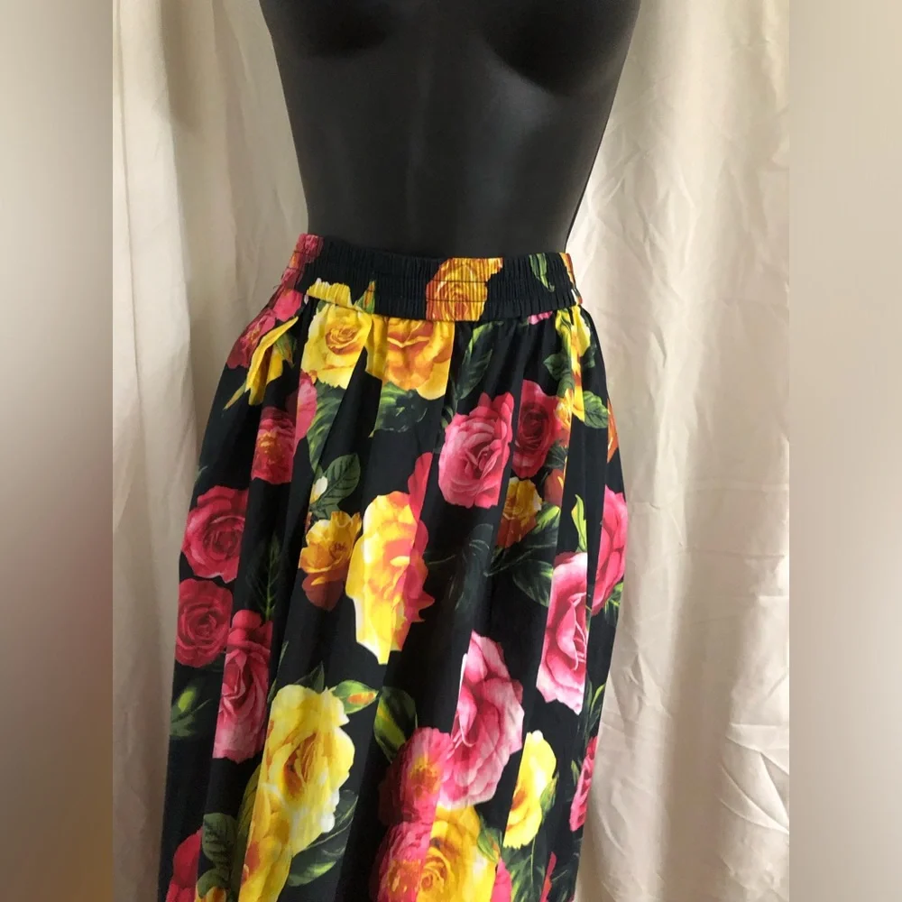 Joie black and yellow red pink roses print maxi cotton blend skirt size medium